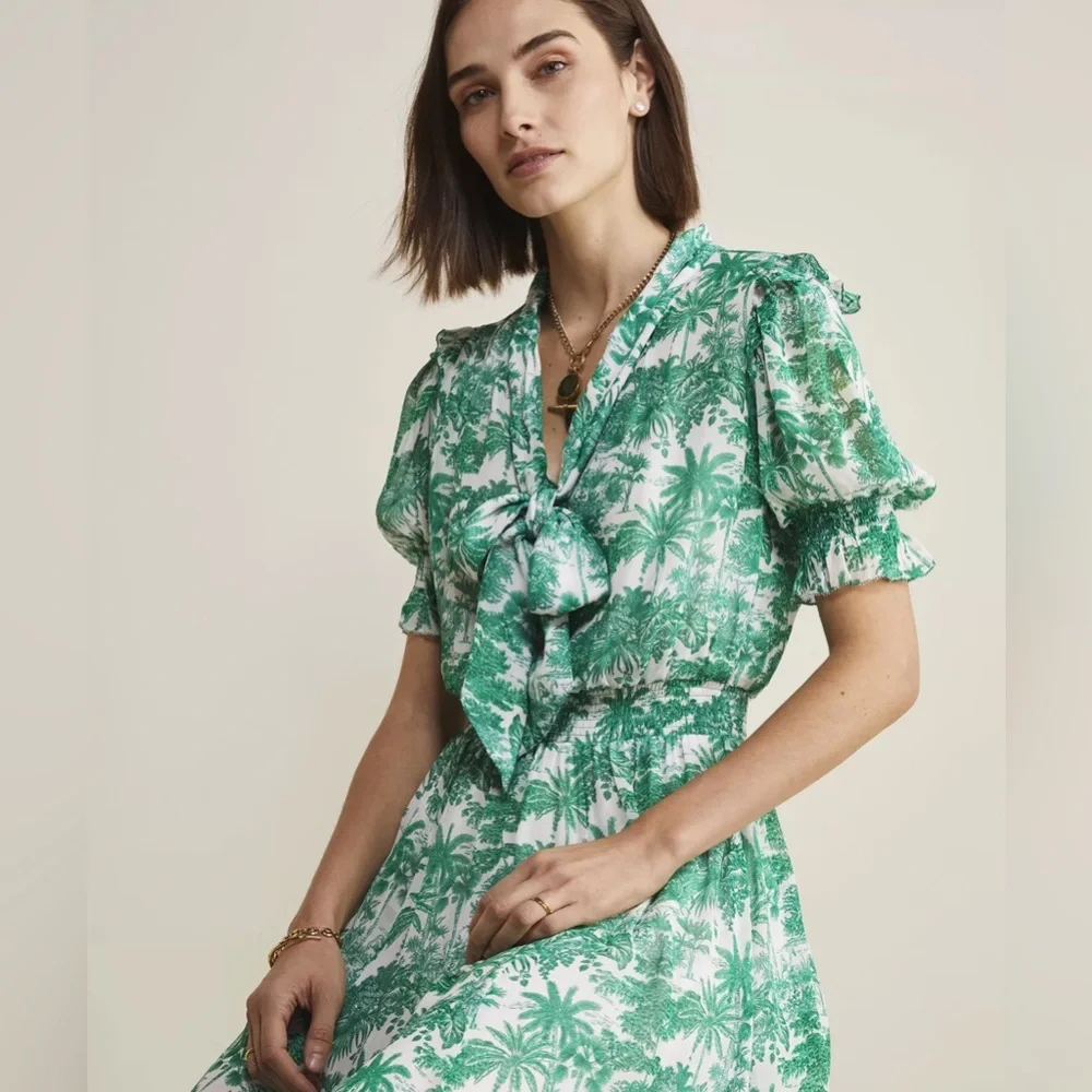 Vineyard Vines S Marthas Vineyard Tropical Toile Tie-Neck Midi Dress Green/White - Picture 8 of 16